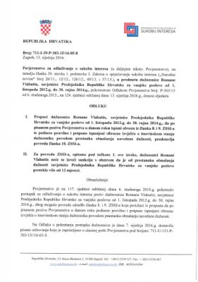 Faksimile e vendimit të Komisionit për Konfliktin e Interesit në Parlamenn Kroat për Romana Vlahutin | Foto nga : BIRN
