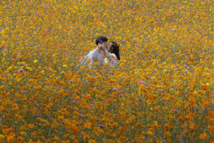 Një çift puthet ndërsa shkrep një foto në një fushë në Parkun Olimpik të Seulit, Kore e Jugut, e mërkurë 21 shtator 2016. Foto: (AP Photo/Ahn Young-joon)