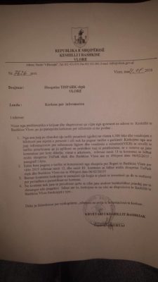 Kërkesa për informacion e Këshillit Bashkiak Vlorë, dërguar kompanisë TIS Park Sh.p.k