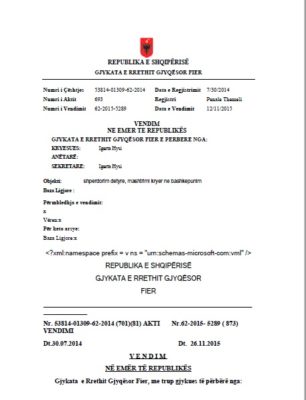 Faksimile e vendimit të gjykatës në çështjen kundër Florim Kajollit dhe International Parking 2011