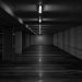 grayscale photo of hallway with lights