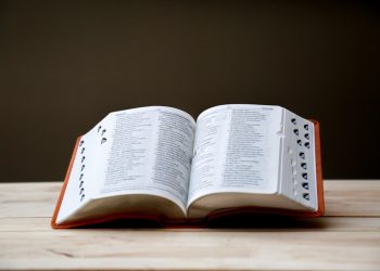opened book on brown table
