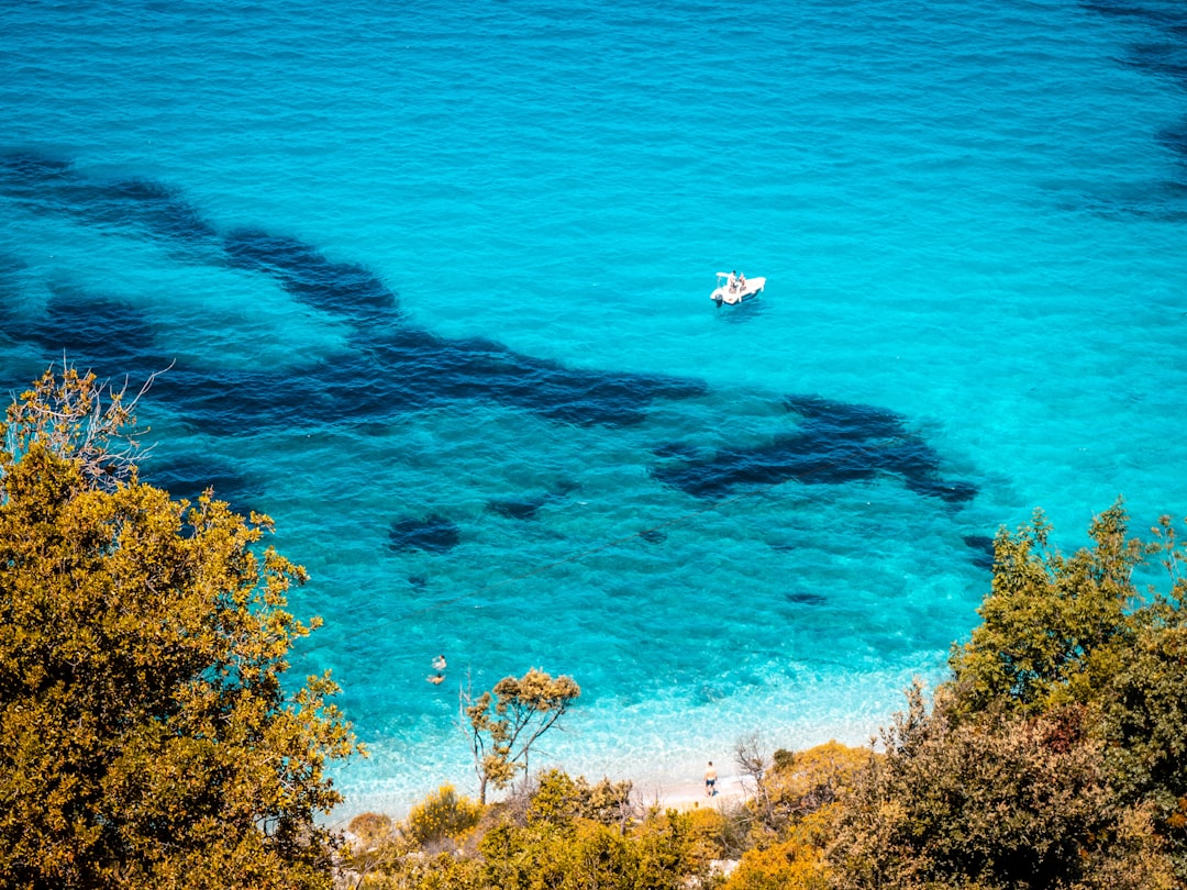 Beautiful turquoise water with a boat and greenery.