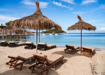 A sandy beach with lounge chairs and straw umbrellas