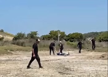 screenshot nga video të publikuara nga aktivistë që tregojnë policinë private duke hequr zvarrë një protestues