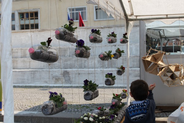 Një djalosh sheh disa lule të mbjella brenda disa bidonëve plastikë për të shënuar riciklimin dhe ripërdorimin e sendeve për një mjedis më ekologjik, në panairin pranveror, Tiranë, Shqipëri. Foto: Ivana Dervishi | BIRN.