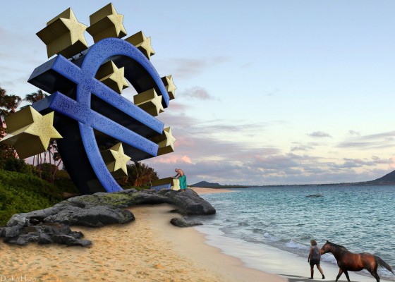 Nga një e ardhme distopike. Simboli i Euros që gjendet para selisë së Bankës Qendrore Europiane në Frankfurt, Gjermani, tashmë është shpëlarë në një breg deti. Karikatura është kortezi e UggBoy?UggGirl's/Flickr.