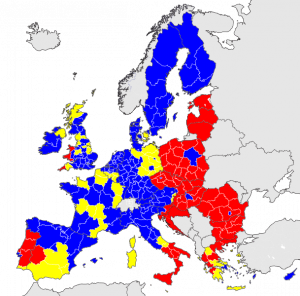 Harta e rajoneve sipas nivelit të zhvillimit në Europë. Me të kuqe janë shënuar rajonet e konsideruara "më pak të zhvilluara", me të verdhë janë rajonet "në tranzicion" ndëdsa me të kuqe janë rajonet "e zhvilluara"