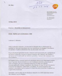 Letra e GlaxoSmith Kline për Ministrinë për pushimin e stafit.