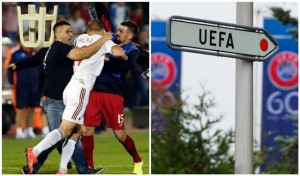 Tifozi Serbia sulmon lojtarët Shqiptarë gjatë ndeshjes Serbi-Shqipëri (majtas), zyrat qendrore të UEFA-s | Foto nga : AP