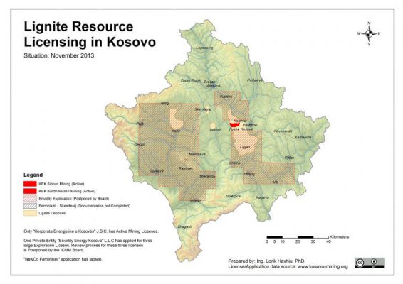 Në vijat e hijezuara shihen vendet në të cilat kompania Envidity ka kërkuar licencë hulumtimi për qymyr në Kosovë.