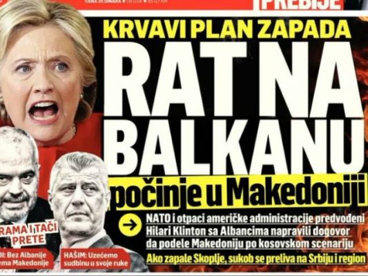 Kryefaqja e tabloidit serb Informer që pretendon se Perëndimi planifikon të fillojë një luftë në Ballkan dhe të ndajë Maqedoninë.