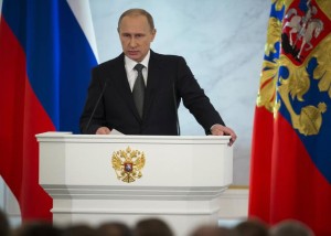 Vladimir Putin gjatë fjalimit vjetor drejtuar kombit | Foto nga : AP Photo/Pavel Golovkin