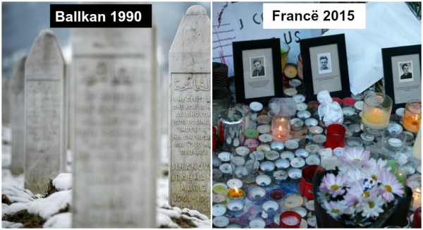 Në të majtë përkujtimorja e viktimave në Srebrenicë, në të djathtë nderimet e fundit për viktimat e sulmeve terroriste në Paris. 