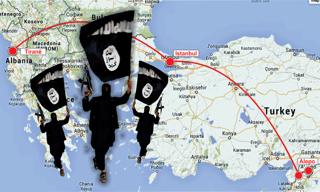 Harta e rrugës së ndjekur nga xhihadistët shqiptar për në Siri