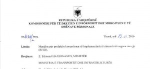 Faksimile e Opinionit të Komisionerit të Drejtës së Informmimit dhe Mbrojtjen e të Dhënave Personale, Besnik Dervishi, mbi koncesionin e pakërkuar të Porta Saber