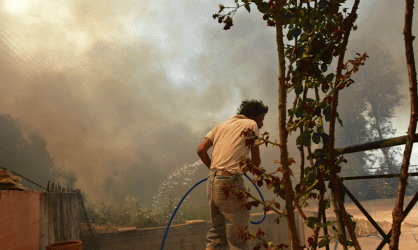 Një burrë përpiqet të shuajë zjarret që po i afrohen një shtëpie pranë fshatit turistik Asini, 140 kilometra në jugperëndim të Athinës më 20 korrik 2015. Një polic 47 vjeçar u identifikua si viktima e parë e zjarrit në një zonë me pyje në lindje të kryeqytetit të Greqisë. (AP Photo/Vangelis Bougiotis)