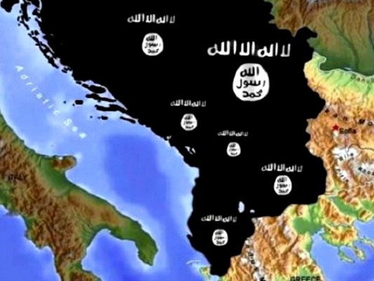 Flamuri i ISIS mbulon vendet e Balllkanit për të portretizuar një "Kalifat në Ballkan". Foto: Facebook/ një simpatizant i ISIS.