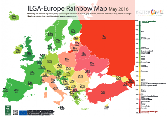 Harta e Ylbertë e Europës 2016 ku reflektohet situata e të drejtave të njeriut për komunitetin LGBT. 