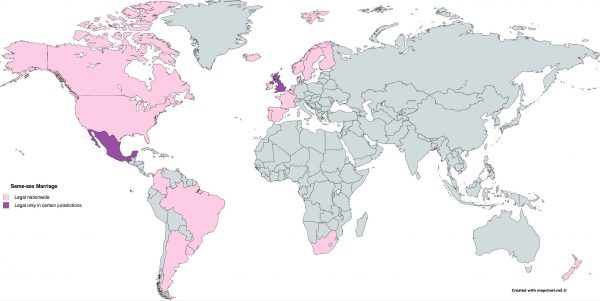 Harta e shteteve ku martesat mes të njëjtit seks janë të ligjshme (shënuar me rozë) dhe atyre ku legjislacioni e lejon në rrethana të caktuara. Foto: Gay Star News