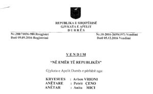 Vendimi i Gjykatës së Apelit, Durrës, me kryesues gjyqtarin Arben Vrioni | Foto nga : BIRN
